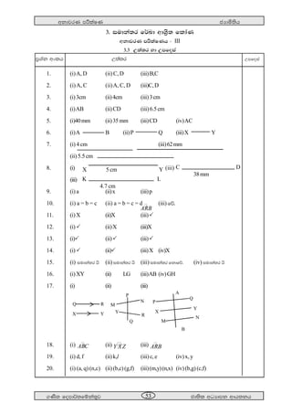 wkdjrK mÍlaIK cHdñ;sh
.Ks; fomd¾;fïka;=j cd;sl wOHdmk wdh;kh53
3' iudka;r f¾Ld wdY%s; fldaK
wkdjrK mÍlaIKh - III
3'3 W;a;r yd Wmfoia
m%Yak wxlh W;a;r Wmfoia
1. (i)A, D (ii) C, D (iii)B,C
2. (i)A, C (ii)A, C, D (iii)C,D
3. (i)3cm (ii)4cm (iii)3cm
4. (i)AB (ii)CD (iii)6.5cm
5. (i)40mm (ii)35mm (iii)CD (iv)AC
6. (i)A B (ii)P Q (iii)X Y
7. (i) 4 cm (iii)62mm
(ii)5.5 cm
8. (i) (iii)
(iii)
9. (i) a (ii)x (iii)p
10. (i) a = b = c (ii) a = b = c = d (iii)fõ'
11. (i)X (ii)X (iii)
12. (i) (ii)X (iii)X
13. (i) (ii) (iii)
14. (i) (ii) (iii)X (iv)X
15. (i) iudka;r hs (ii) iudka;r hs (iii) iudka;r fkdfõ' (iv) iudka;r hs
16. (i)XY (ii) LG (iii)AB (iv)GH
17. (i) (ii) (iii)
18. (i) ABC (ii) Y XZ (iii) ARB
19. (i) d, f (ii)k,l (iii)c, e (iv)x, y
20. (i) (a, q) (n,c) (ii)(b,c)(g,f) (iii)(m,y)(n,x) (iv)(b,g)(c,f)
M
P
N
Y
Q
R
P
A
Q
X
Y
M
N
B
Q
X Y
R
ARB
X 5 cm Y
K L
4.7 cm
C D
38mm
 