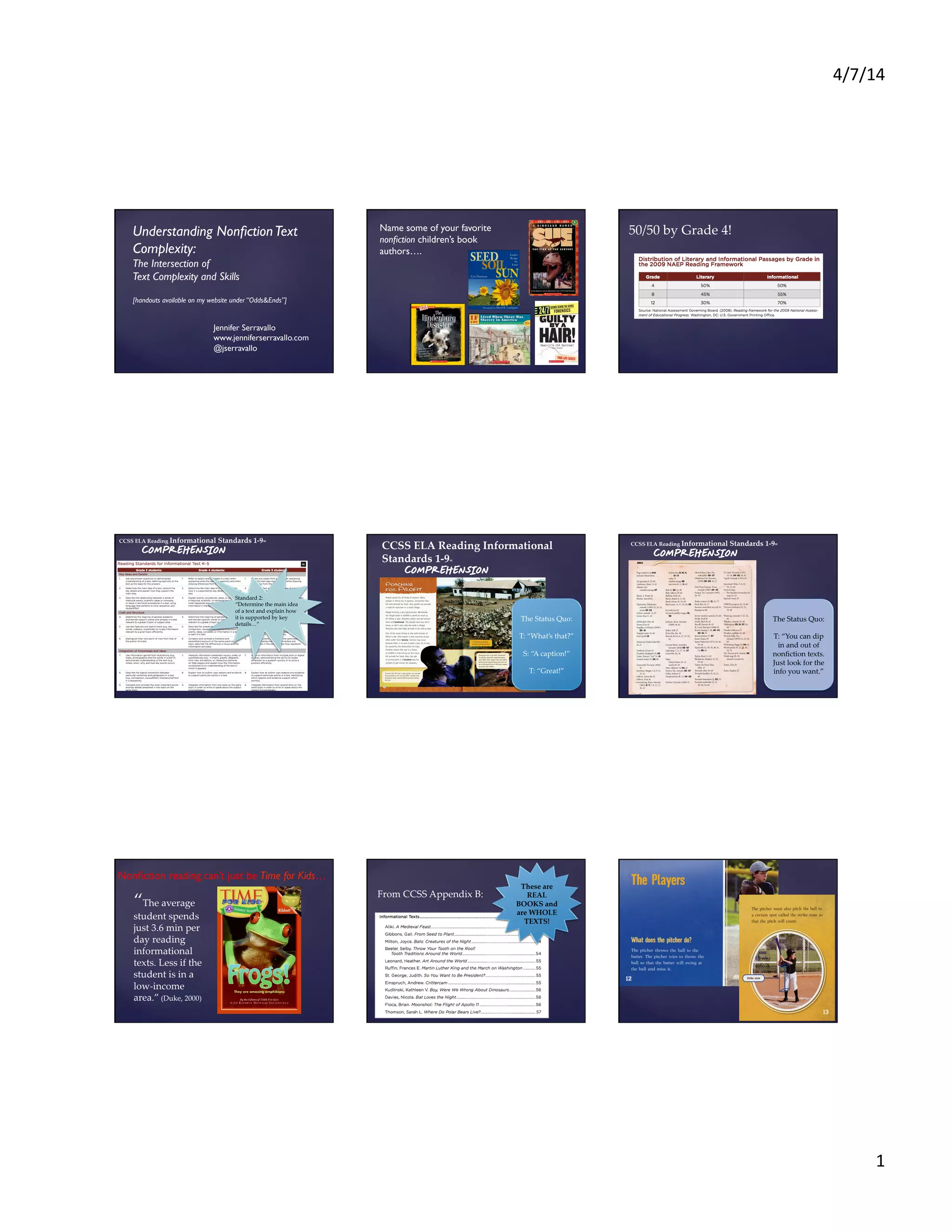 4/7/14	
  
1	
  
Understanding NonﬁctionText
Complexity:	

The Intersection of 	

Text Complexity and Skills	

	

[handouts available on my website under “Odds&Ends”]	

Jennifer Serravallo	

www.jenniferserravallo.com	

@jserravallo	

Name some of your favorite
nonﬁction children’s book
authors….	

50/50  by  Grade  4!	
	
	
Teachers  Need  to  Learn:	
CCSS  ELA  Reading  Informational  Standards  1-­‐‑9=  	
	
	
	
	
COMPREHENSION
Standard  2:	
“Determine  the  main  idea  
of  a  text  and  explain  how  
it  is  supported  by  key  
details…”	
CCSS  ELA  Reading  Informational  
Standards  1-­‐‑9=  	
	
	
	
	
COMPREHENSION
The  Status  Quo:	
	
T:  “What’s  that?”	
  
S:  “A  caption!”	
  
T:  “Great!”	
CCSS  ELA  Reading  Informational  Standards  1-­‐‑9=  	
	
	
	
	
COMPREHENSION
The  Status  Quo:	
	
T:  “You  can  dip  
in  and  out  of  
nonﬁction  texts.  
Just  look  for  the  
info  you  want.”	
Nonﬁction reading can’t just be Time for Kids…	

“The  average  
student  spends  
just  3.6  min  per  
day  reading  
informational  
texts.  Less  if  the  
student  is  in  a  
low-­‐‑income  
area.”  (Duke,  2000)  	
These  are  
REAL  
BOOKS  and  
are  WHOLE  
TEXTS!	
From  CCSS  Appendix  B:	
 