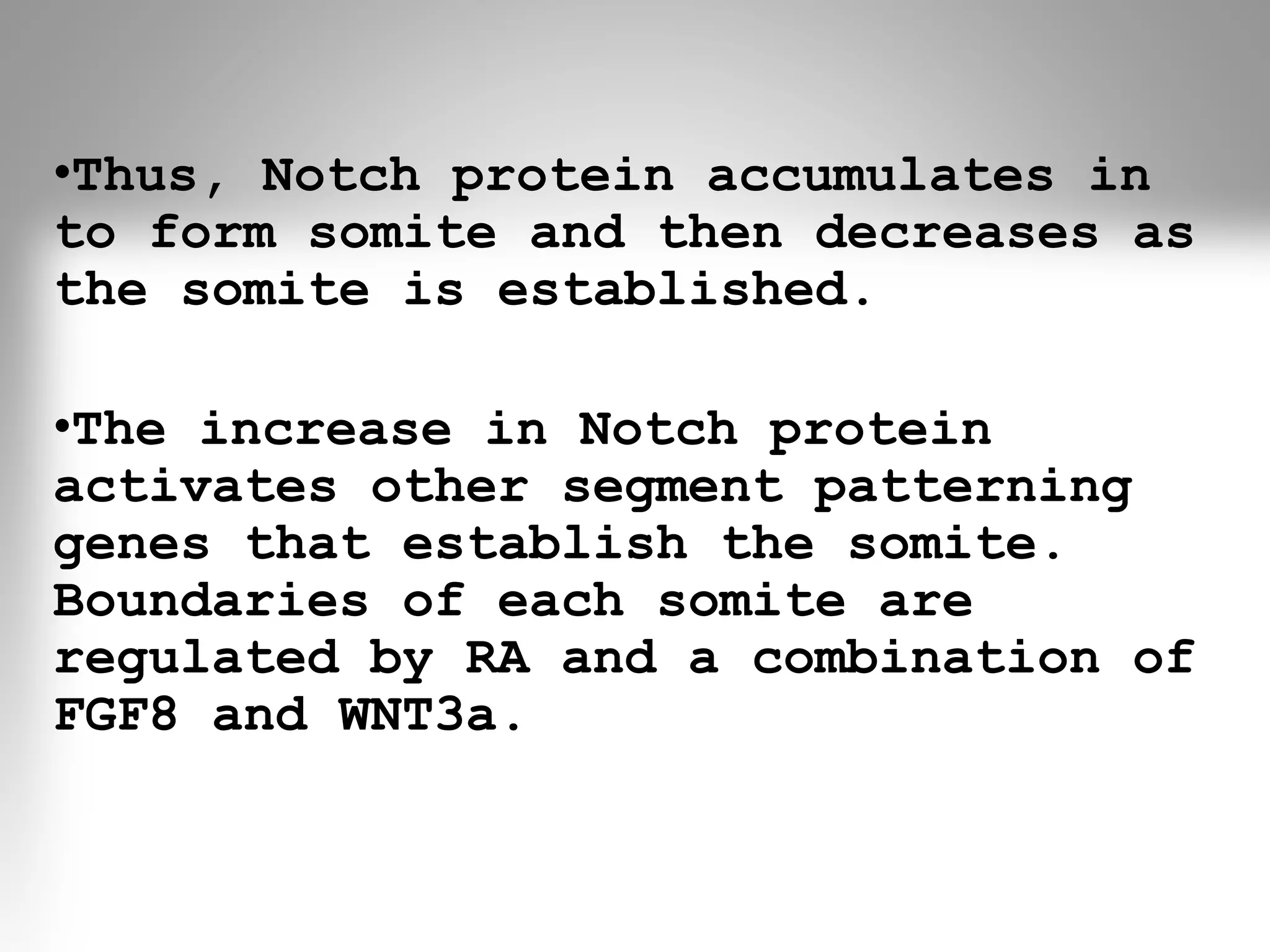 •Thus, Notch protein accumulates in
to form somite and then decreases as
the somite is established.
•The increase in Notch protein
activates other segment patterning
genes that establish the somite.
Boundaries of each somite are
regulated by RA and a combination of
FGF8 and WNT3a.
 