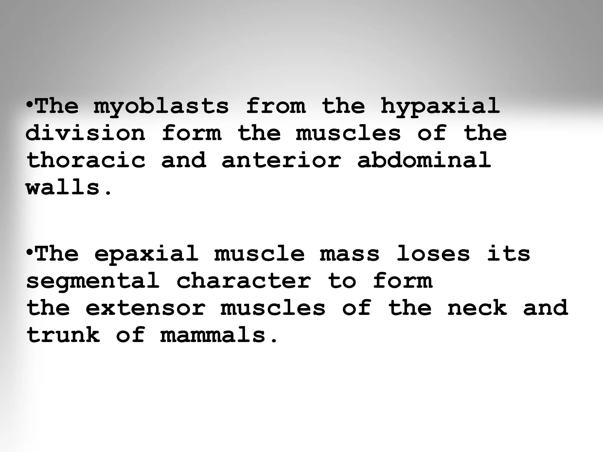 •The myoblasts from the hypaxial
division form the muscles of the
thoracic and anterior abdominal
walls.
•The epaxial muscle mass loses its
segmental character to form
the extensor muscles of the neck and
trunk of mammals.
 