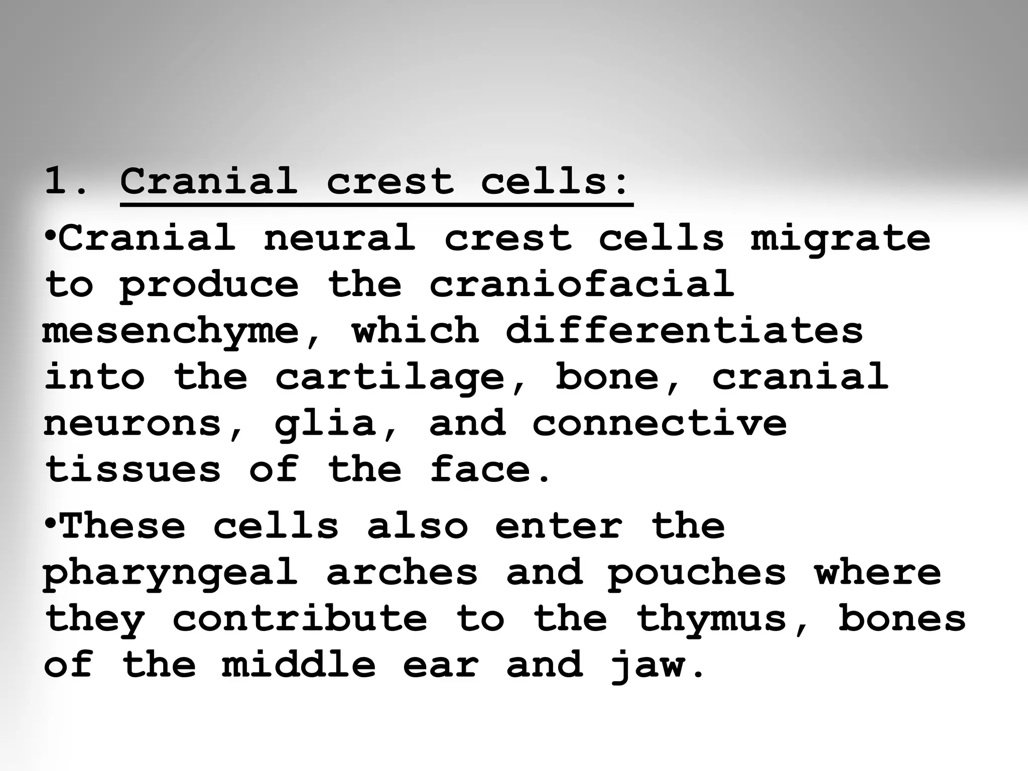 1. Cranial crest cells:
•Cranial neural crest cells migrate
to produce the craniofacial
mesenchyme, which differentiates
into the cartilage, bone, cranial
neurons, glia, and connective
tissues of the face.
•These cells also enter the
pharyngeal arches and pouches where
they contribute to the thymus, bones
of the middle ear and jaw.
 