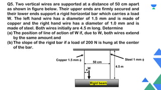Q5. Two vertical wires are supported at a distance of 50 cm apart
as shown in figure below. Their upper ends are firmly secured and
their lower ends support a rigid horizontal bar which carries a load
W. The left hand wire has a diameter of 1.5 mm and is made of
copper and the right hand wire has a diameter of 1.0 mm and is
made of steel. Both wires initially are 4.5 m long. Determine
(a) The position of line of action of W if, due to W, both wires extend
by the same amount and
(b) The slope of the rigid bar if a load of 200 N is hung at the center
of the bar.
Copper 1.5 mm f
W
x
50 cm
4.5 m
Steel 1 mm f
Rigid beam
 