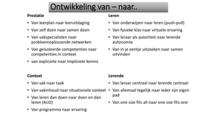 Prestatie
• Van leerplan naar leeruitdaging
• Van zelf doen naar samen doen
• Van vakspecialisten naar
probleemoplossende netwerken
• Van geïsoleerde competenties naar
competenties in context
• van expliciete naar impliciete kennis
Context
• Van vak naar taak
• Van vakinhoud naar situationele context
• Van leren dan doen naar doen en dan
leren (4ciD)
• Van programma naar ervaring
Leren
• Van onderwijzen naar leren (push-pull)
• Van fysieke klas naar virtuele ervaring
• Van leraar als autoriteit naar lerende
autonomie
• Van in je eentje uitzoeken naar samen
uitvinden
Lerende
• Van leraar centraal naar lerende centraal
• Van allemaal tegelijk naar ieder zijn eigen
pad
• Van one size fits all naar one size fits one
Ontwikkeling van – naar..
 