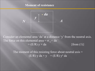 Moment of resistance
Consider an elemental area ‘da’ at a distance ‘y’ from the neutral axis.
The force on this elemental area = σ ь × da
= (E/R) y × da {from (1)}
The moment of this resisting force about neutral axis =
(E/R) y da × y = (E/R) y² da
da
y
N A
 