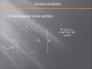(1) Rectangular cross section
Z= INA/ ymax
=( bd3/12) / d/2
=bd2/6
section modulus
b
N A
Y max=d/2
d
 