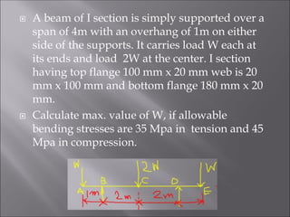  A beam of I section is simply supported over a
span of 4m with an overhang of 1m on either
side of the supports. It carries load W each at
its ends and load 2W at the center. I section
having top flange 100 mm x 20 mm web is 20
mm x 100 mm and bottom flange 180 mm x 20
mm.
 Calculate max. value of W, if allowable
bending stresses are 35 Mpa in tension and 45
Mpa in compression.
 