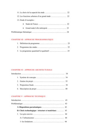 11. Le choix de la capacité du stade ……………………………. 22
12. Les fonctions urbaines d’un grand stade …………………… 22
13. Etude d’exemples :
• Stade de France …………………………………….. 22
• Grand stade Lille métropole ……………………….. 23
Problématique thématique ……………………………………………… 24
CHAPITRE III : APPROCHE PROGRAMMATIQUE
1. Définition du programme …………………………………… 25
2. Programme des stades ………………………………………. 25
3. Le programme quantitatif et qualitatif ……………………… 25
CHAPITRE IV : APPROCHE ARCHITECTURALE
Introduction ………………………………………………………….. 34
1. Système de concepts ……………………………………... 34
2. Genèse du projet …………………………………………. 35
3. Proposition finale ………………………………………… 38
4. Description du projet …………………………………….. 40
CHAPITRE V : APPROCHE TECHNIQUE
Introduction …………………………………………………………. 43
Problématique ……………………………………………………….. 43
I- Dispositions parasismiques …………………………….. 43
II- Choix technologique : structure et matériaux ……….. 43
1. Les gros œuvres ………………………………………… 44
A- l’infrastructure ………………………………………. 44
1- les fondations ………………………………………… 44
 
