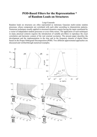 POD-Based Filters for the Representation *
                                    of Random Loads on Structures
                                         Luigi Carassale
Random loads on structures are often represented as stationary Gaussian multi-variate random
processes, whose components are correlated with each other according to characteristic patterns.
Numerous techniques usually applied in structural dynamics require having the input constituted by
a vector of independent random processes or even white noises. The application of such techniques
in many practical contexts requires the introduction of suitable pre-filters to reproduce the exact
correlation and harmonic content of the real external excitation. The present paper describes the
development and the implementation in the time and in the frequency domain of digital filters
based on the Proper Orthogonal Decomposition (POD). Two different approximated approaches are
discussed and verified through numerical examples.


                  z                                                                      2
uN
                                                                                                                                          k=1
                                 1(z)                         2   (z)               1.6

uj
                                                                                    1.2
                                                                         ω γk(ω)




 u1
                                                                                    0.8

                            x
                                                                                                                                          k=2
                                                                                    0.4                                        k=3
                                                                                                                        k=4
                                                                                                                     k=5
                                                                                         0
                                                                                                   -3                -2               -1                         2
                                                                                             10                 10                 10       1          10   10
                                                                                                                                    ω (rad/s)
     100                                                          100




      50                                                            50

                                              1                                                                            2
        0                                                            0
                                                                    -3
       -3
     z (m)




     10      -2                                                   10         -2
                                                                  z (m)




            10         -1                                                 10             -1
                      10     0                            0                             10              0                                           -0.5
                            10       1              0.2                                            10            1                          0
                                 10       2
                                              0.4                                                               10         2
                                                                                                                                   0.5
                                         10                                                                               10

     100                                                            100




      50                                                                50


                                          3                                                                              4
        0                                                              0
       -3                                                             -3
                                                                    z (m)




     10      -2                                                     10             -2
     z (m)




            10         -1                                                    10               -1
                      10     0                            -0.5                           10                 0                                        -0.5
                            10       1
                                                    0                                                   10           1                          0
                                 10       2
                                              0.5                                                                10            2
                                                                                                                                    0.5
                                         10                                                                                10
 