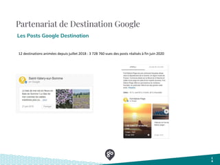 Partenariat de Destination Google
Les Posts Google Destination
1
4
12 destinations animées depuis juillet 2018 : 3 728 760 vues des posts réalisés à fin juin 2020
 