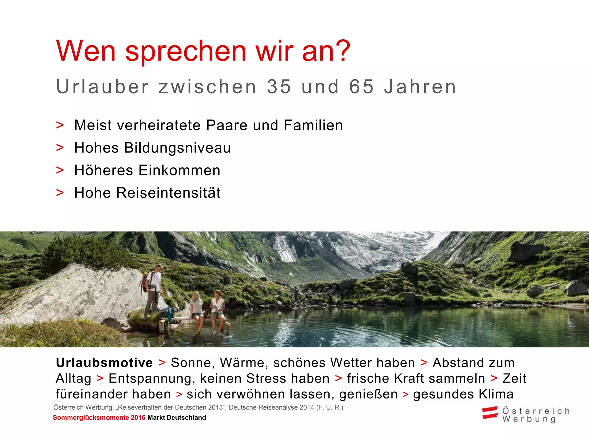 Sommerglücksmomente 2015 Markt Deutschland 
Wen sprechen wir an? 
Urlauber zwischen 35 und 65 Jahren 
Urlaubsmotive > Sonne, Wärme, schönes Wetter haben > Abstand zum Alltag > Entspannung, keinen Stress haben > frische Kraft sammeln > Zeit füreinander haben > sich verwöhnen lassen, genießen > gesundes Klima 
>Meist verheiratete Paare und Familien 
>Hohes Bildungsniveau 
>Höheres Einkommen 
>Hohe Reiseintensität 
Österreich Werbung, „Reiseverhalten der Deutschen 2013“, Deutsche Reiseanalyse 2014 (F. U. R.)  