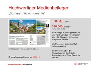 Sommerglücksmomente 2015 Markt Niederlande 
850.000 Leser 
300.000 Auflage 
(unter Vorbehalt) 
1/1 Seite für Goldpartner. ...