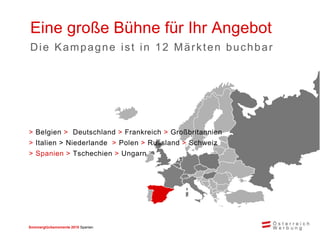 Sommerglücksmomente 2015 Spanien 
> Belgien > Deutschland > Frankreich > Großbritannien > Italien > Niederlande > Polen > Russland > Schweiz > Spanien > Tschechien > Ungarn 
Eine große Bühne für Ihr Angebot 
Die Kampagne ist in 12 Märkten buchbar  