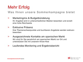 Sommerglücksmomente 2015 Spanien 
>Marketingmix & Budgetbündelung 
Ihr Angebot wird in unterschiedlichen Medien beworben und erzielt eine hohe Reichweite 
>Exklusive Präsenz 
Ihre Themenschwerpunkte und buchbaren Angebote werden exklusiv beworben 
>Ausgezeichnete Kontakte am spanischen Markt 
Wir sind für Sie persönlich am spanischen Markt vor Ort und unterstützen Sie mit unserem Know-How 
>Laufendes Monitoring und Ergebnisbericht 
Mehr Erfolg 
Was Ihnen unsere Sommerkampagne bietet  