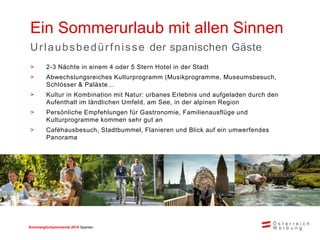 Sommerglücksmomente 2015 Spanien 
Ein Sommerurlaub mit allen Sinnen 
Urlaubsbedürfnisse der spanischen Gäste 
>2-3 Nächte in einem 4 oder 5 Stern Hotel in der Stadt 
>Abwechslungsreiches Kulturprogramm (Musikprogramme, Museumsbesuch, Schlösser & Paläste… 
>Kultur in Kombination mit Natur: urbanes Erlebnis und aufgeladen durch den Aufenthalt im ländlichen Umfeld, am See, in der alpinen Region 
>Persönliche Empfehlungen für Gastronomie, Familienausflüge und Kulturprogramme kommen sehr gut an 
>Caféhausbesuch, Stadtbummel, Flanieren und Blick auf ein umwerfendes Panorama  