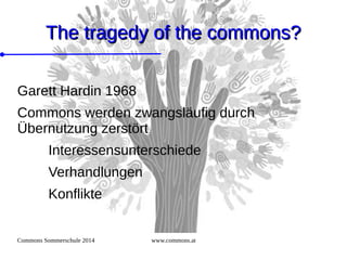 Commons Sommerschule 2014 www.commons.at
The tragedy of the commons?The tragedy of the commons?
Garett Hardin 1968
Commons werden zwangsläufig durch
Übernutzung zerstört
Interessensunterschiede
Verhandlungen
Konflikte
 