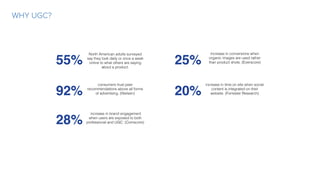 WHY UGC?
55%
North American adults surveyed
say they look daily or once a week
online to what others are saying
about a product.
92%
consumers trust peer
recommendations above all forms
of advertising. (Nielsen)
28%
 increase in brand engagement
when users are exposed to both
professional and UGC. (Comscore)
increase in conversions when
organic images are used rather
than product shots. (Everscore)25%
increase in time on site when social
content is integrated on their
website. (Forrester Research)20%
 