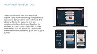 AI CHATBOT ADVISOR TOOL
The Chatbot Advisor Tool is an interactive
platform using machine learning in order to have
consultative conversations with customers. The
advisor will greet the customer and ask
questions about their business. Based on the
feedback and responses to questions, the bot
recommends speciﬁc resources, case-studies,
and next steps to successfully guide their buyer’s
journey.
X
 