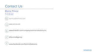 Blaine Prince 
M: 512.492.2325 
O: 512.493.9836
Contact Us
bprince@somnio.com
www.somnio.com
@SomnioAgency
www.linkedin.com/company/somnio-solutions-inc.
www.facebook.com/SomnioSolutions
 