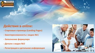 Действия в online:
- Стартовые страницы (Landing Pages)
- Заинтересованность с видео №1
- Заполнение формуляра
- Детали с видео №2
- Регистрация и детальная информация
 