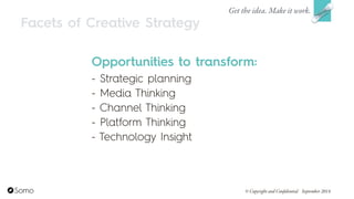 Facets of Creative Strategy
Opportunities to transform:
- Strategic planning
- Media Thinking
- Channel Thinking
- Platform Thinking
- Technology Insight
Get the idea. Make it work.
© Copyright and Confidential September 2014
 