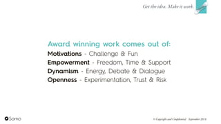Award winning work comes out of:
Motivations - Challenge & Fun
Empowerment - Freedom, Time & Support
Dynamism - Energy, Debate & Dialogue
Openness - Experimentation, Trust & Risk
Get the idea. Make it work.
© Copyright and Confidential September 2014
 