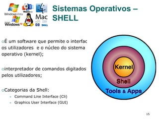 15
Sistemas Operativos –
SHELL
¡ É um software que permite o interface
os utilizadores e o núcleo do sistema
operativo (kernel);
¡ interpretador de comandos digitados
pelos utilizadores;
¡ Categorias da Shell:
l  Command Line Interface (Cli)
l  Graphics User Interface (GUI)
 