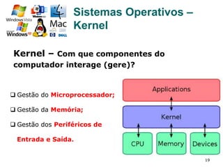 19
Sistemas Operativos –
Kernel
Kernel – Com que componentes do
computador interage (gere)?
q Gestão do Microprocessador;
q Gestão da Memória;
q Gestão dos Periféricos de
Entrada e Saída.
 
