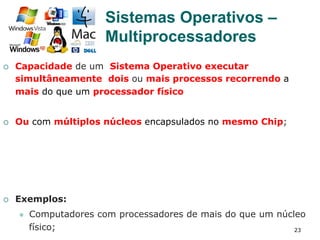 23
¡  Capacidade de um Sistema Operativo executar
simultâneamente dois ou mais processos recorrendo a
mais do que um processador físico
¡  Ou com múltiplos núcleos encapsulados no mesmo Chip;
¡  Exemplos:
l  Computadores com processadores de mais do que um núcleo
físico;
Sistemas Operativos –
Multiprocessadores
 
