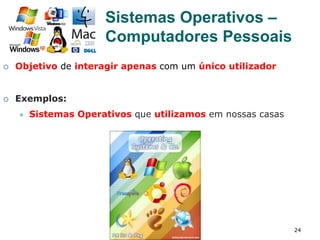 24
¡  Objetivo de interagir apenas com um único utilizador
¡  Exemplos:
l  Sistemas Operativos que utilizamos em nossas casas
Sistemas Operativos –
Computadores Pessoais
 