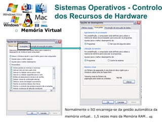 48
¡  Memória Virtual
Normalmente o SO encarrega-se da gestão automática da
memória virtual… 1,5 vezes mais da Memória RAM…
Sistemas Operativos - Controlo
dos Recursos de Hardware
 