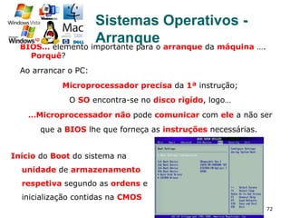 72
BIOS… elemento importante para o arranque da máquina ….
Porquê?
Ao arrancar o PC:
Microprocessador precisa da 1ª instrução;
O SO encontra-se no disco rigído, logo…
…Microprocessador não pode comunicar com ele a não ser
que a BIOS lhe que forneça as instruções necessárias.
Sistemas Operativos -
Arranque
Início do Boot do sistema na
unidade de armazenamento
respetiva segundo as ordens e
inicialização contidas na CMOS
 