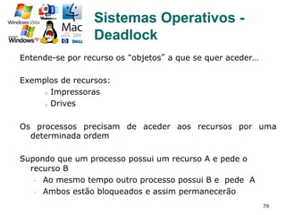 79
Entende-se por recurso os “objetos” a que se quer aceder…
Exemplos de recursos:
o  Impressoras
o  Drives
Os processos precisam de aceder aos recursos por uma
determinada ordem
Supondo que um processo possui um recurso A e pede o
recurso B
•  Ao mesmo tempo outro processo possui B e pede A
•  Ambos estão bloqueados e assim permanecerão
Sistemas Operativos -
Deadlock
 