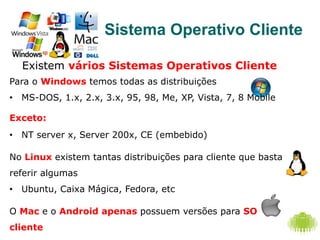 Sistema Operativo Cliente
Existem vários Sistemas Operativos Cliente
Para o Windows temos todas as distribuições
•  MS-DOS, 1.x, 2.x, 3.x, 95, 98, Me, XP, Vista, 7, 8 Mobile
Exceto:
•  NT server x, Server 200x, CE (embebido)
No Linux existem tantas distribuições para cliente que basta
referir algumas
•  Ubuntu, Caixa Mágica, Fedora, etc
O Mac e o Android apenas possuem versões para SO
cliente
 