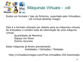 23
Máquinas Virtuais - .vdi
Existe um formato / tipo de ficheiros, suportado pelo Virtualbox:
.vdi (virtual desktop image)
Este é o formato utilizado por defeito para as máquinas virtuais
do Virtualbox e contém toda da informação de uma máquina
virtual:
Quantidade de Memória
Espaço em Disco
Outros recursos
Estas máquinas já foram previamente:
Instaladas / Utilizadas / Testadas
http://virtualboximages.com/Free.VirtualBox.VDI.Downloads
 