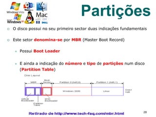 ¡  O disco possui no seu primeiro sector duas indicações fundamentais
¡  Este setor denomina-se por MBR (Master Boot Record)
l  Possui Boot Loader
l  E ainda a indicação do número e tipo de partições num disco
(Partition Table)
28
Partições
 