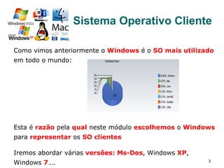 Como vimos anteriormente o Windows é o SO mais utilizado
em todo o mundo:
Esta é razão pela qual neste módulo escolhemos o Windows
para representar os SO clientes
Iremos abordar várias versões: Ms-Dos, Windows XP,
Windows 7…. 3
Sistema Operativo Cliente
 