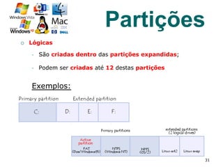 ¡  Lógicas
§  São criadas dentro das partições expandidas;
§  Podem ser criadas até 12 destas partições
Exemplos:
31
Partições
 