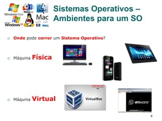 8
¡  Onde pode correr um Sistema Operativo?
¡  Máquina Física
¡  Máquina Virtual
Sistemas Operativos –
Ambientes para um SO
 