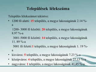 Települések lélekszáma
Település lélekszámot tekintve:
• 1200 fő alatti: 15 település, a megye lakosságának 2.14 %-
  a
   1200- 3000 fő közötti: 20 település, a megye lakosságának
  8.97 %-a
    3001-5000 fő közötti: 14 település, a megye lakosságának
  11. 89 %-a
    5001 fő feletti:1 település, a megye lakosságának 1. 19 %-
  a
• kisváros: 5 település, a megye lakosságának 7.23 %-a
• középváros: 4 település, a megye lakosságának 27.13 %-a
• nagyváros: 1 település, a megye lakosságának 41,45 %-a
 