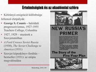 Értelmiségiek és az akadémiai szféra
• Kétirányú emigráció különbsége
Jellemző életpályák:
• George S. Counts – baloldali
progresszivizmus, 1927-1955
Teachers College, Columbia
• 1927, 1929 – utazások a
Szovjetunióban
• A Ford Crosses Soviet Russia
(1930), The Soviet Challenge to
America (1931)
• Szovjet képeskönyv-fordítás –
bestseller (1931): az utópia
megvalósulása
Mickenberg, 2010: 105
 