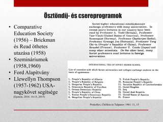 Ösztöndíj- és csereprogramok
• Comparative
Education Society
(1956) – Brickman
és Read öthetes
utazása (1958)
• Szemináriumok
(1958,1960)
• Ford Alapítvány
• Llewellyn Thompson
(1957-1962) USA-
nagykövet segítsége
(Epstein, 2016: 14-15, 2015)
Prokofiev, Chilikin és Tulpanov 1961: 11, 15
 