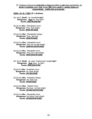 (2). Ifuatayo ni kanuni ya matumizi ya how kwa tafsiri ya aje ikiwa sambamba na
tendo la kujisikia yaani „feel‟ tamka (fili) katika swali la wakati uliopo na
unaoendelea katika hali ya kutenda:-
HOW + S+ N + T(BF) (S ni do/does).
(2). (a).(i). Swali: Je, wanajisikiaaje?
Kiingereza: How do they feel?
Tamka: (Hau do dhei fili)?
(2).(a).(ii).Jibu: Wanajisikia vizuri.
Kiingereza: They feel alright.
Tamka: (Dhei fili oraiti).
(2).(a).(iii).Jibu: Wanajisikia vibaya.
Kiingereza: They feel bad.
Tamka: (Dhei fili badi).
(2).(a).(iv).Jibu: Hawajisikii vizuri.
Kiingereza: They do not feel alright
Tamka: (Dhei du noti fili oraiti).
(2).(a).(v).Jibu: Hawajisikii vizuri.
Kiingereza: They don‟t feel alright
Tamka: (Dhei donti fili oraiti).
(2). (b).(i). Swali: Je, yeye “mwanaume” anajisikiaje?
Kiingereza: How does he feel?
Tamka: (Hau dazi hi fili)?
(2).(b).(ii).Jibu: Anajisikia vizuri.
Kiingereza: He feels alright.
Tamka: (Hi filzi oraiti).
(2).(b).(iii).Jibu: Anajisikia vibaya.
Kiingereza: He feels bad.
Tamka: (Hi filzi badi).
(2).(b).(iv).Jibu: Hajisikii vizuri.
Kiingereza: He does not feel alright
Tamka: (Hi dazi noti fili oraiti).
(2).(b).(v).Jibu: Hawajisikii vizuri.
Kiingereza: He doesn‟t feel alright
Tamka: (Hi dazinti fili oraiti).
(2).
 