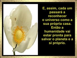E, assim, cada um passará a reconhecer o universo como a sua própria casa. Então a humanidade vai estar pronta para salvar o planeta e a si próprio. 