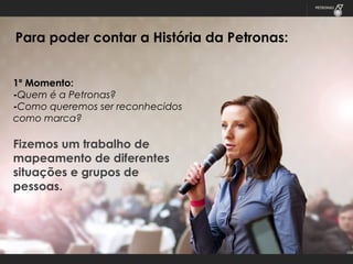 Para poder contar a História da Petronas:
1º Momento:
-Quem é a Petronas?
-Como queremos ser reconhecidos
como marca?

Fizemos um trabalho de
mapeamento de diferentes
situações e grupos de
pessoas.

 