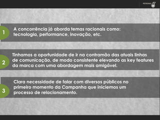 1

2

3

A concorrência já aborda temas racionais como:
tecnologia, performance, inovação, etc.

Tinhamos a oportunidade de ir na contramão das atuais linhas
de comunicação, de modo consistente elevando as key features
da marca com uma abordagem mais amigável.
Clara necessidade de falar com diversos públicos no
primeiro momento da Campanha que iniciemos um
processo de relacionamento.

 