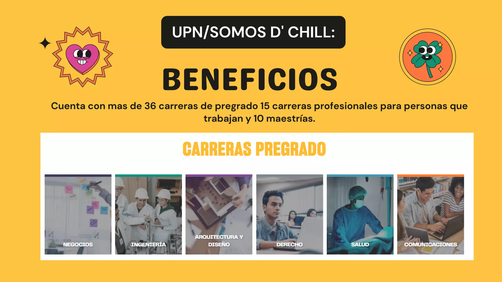 BENEFICIOS
UPN/SOMOS D' CHILL:
Cuenta con mas de 36 carreras de pregrado 15 carreras profesionales para personas que
trabajan y 10 maestrías.
 