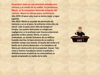 Escenario: Juan se cae mientras echaba una carrera y se araña en la rodilla. Su profesora, María, se lo encuentra llorando al borde del camino. María lo abraza para confortarlo.  Año 1970: Al poco rato, Juan se siente mejor y sigue jugando. Año 2010: María es acusada de perversión de menores y se va al paro. Se enfrenta a tres años de cárcel. Juan se pasa cinco años de terapia en terapia. Sus padres demandan al colegio por negligencia y a la profesora por trauma emocional, ganando ambos juicios. María, en paro y endeudada, se suicida tirándose de un edificio. Cuando aterriza, lo hace encima de un coche y también rompe una maceta. El dueño del coche y el dueño de la planta demandan a los herederos de María por destrucción de la propiedad. Ganan. Tele cinco y Antena 3 producen juntos la película y definitivamente el plató de los informativos ya queda emplazado en medio de la calle.  JUEZ 