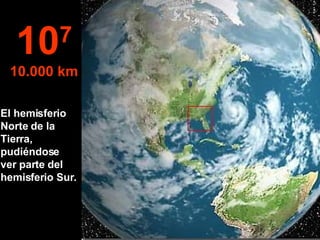 El hemisferio Norte de la Tierra, pudiéndose ver parte del hemisferio Sur. 10 7 10.000 km 