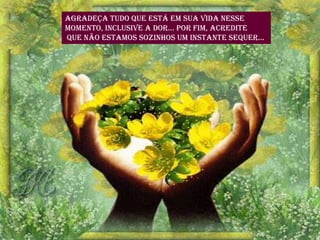 Agradeça tudo que está em sua vida nesse
momento, inclusive a dor... Por fim, acredite
que não estamos sozinhos um instante sequer...
 