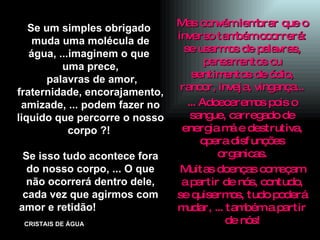 Se um simples obrigado  muda uma molécula de água, ...imaginem o que  uma prece, palavras de amor, fraternidade, encorajamento, amizade, ... podem fazer no liquido que percorre o nosso corpo ?!  Se isso tudo acontece fora do nosso corpo, ... O que não ocorrerá dentro dele, cada vez que agirmos com amor e retidão!  Mas convém lembrar que o inverso também ocorrerá: se usarmos de palavras, pensamentos ou sentimentos de ódio, rancor, inveja, vingança... ... Adoeceremos pois o sangue, carregado de energia má e destrutiva, opera disfunções organicas. Muitas doenças começam a partir de nós, contudo, se quisermos, tudo poderá mudar, ... também a partir de nós! 